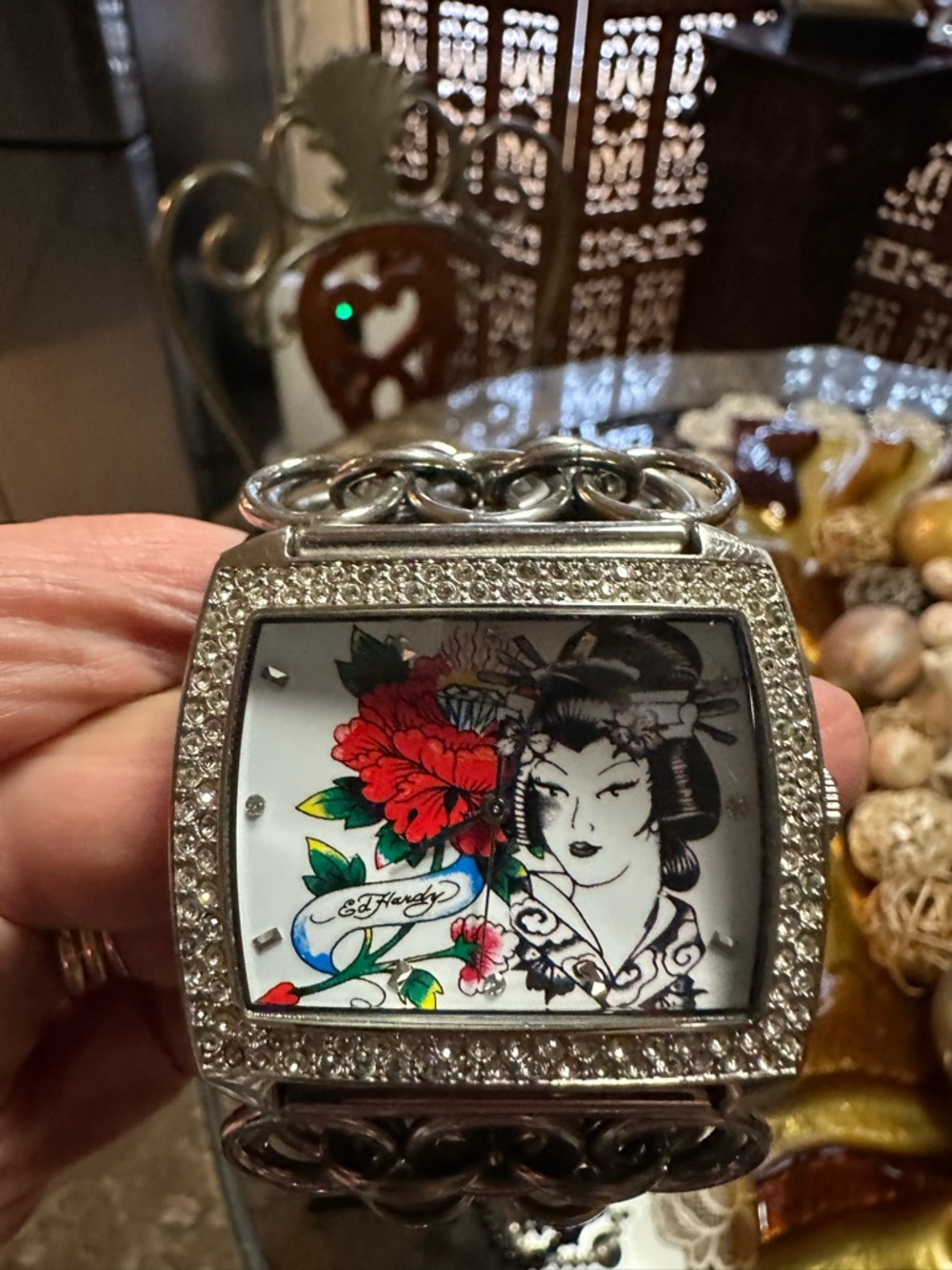 Vintage Ed Hardy watch Colorful Geisha Illustration in rhinestones original box